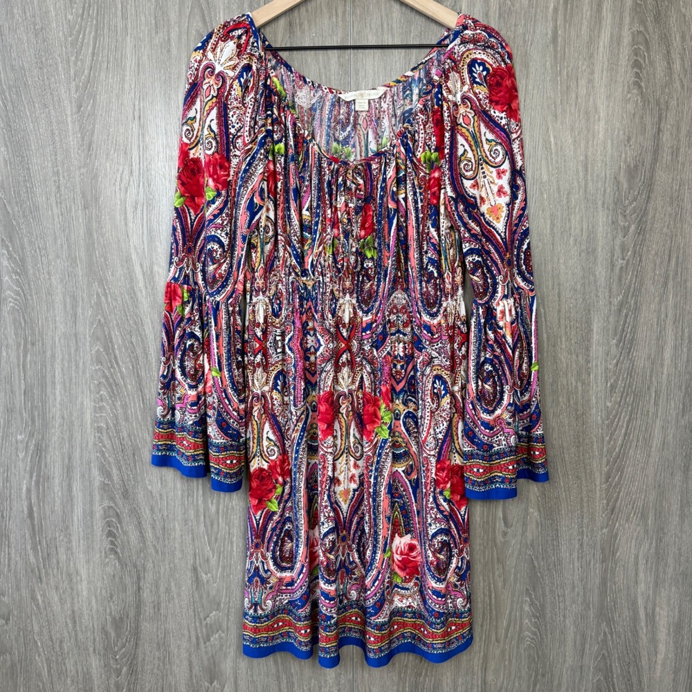 Boston Proper Paisley Floral Dress Womens 12 Multicolor Boho Bell Sleeve Retro‎